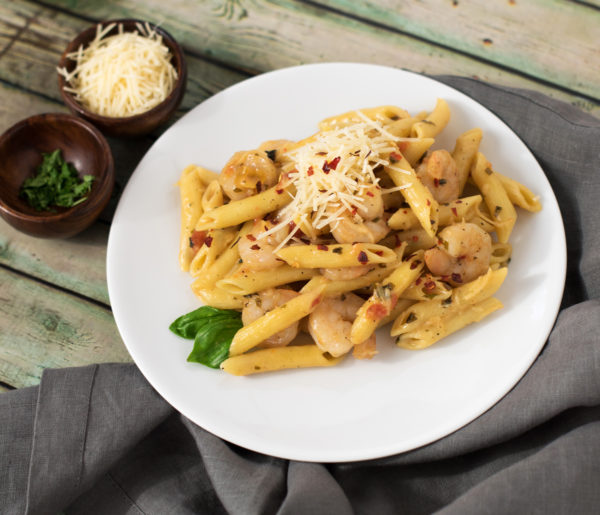 Spicy Shrimp with Penne Pasta and Herbed Cream Sauce – Curiously Culinary